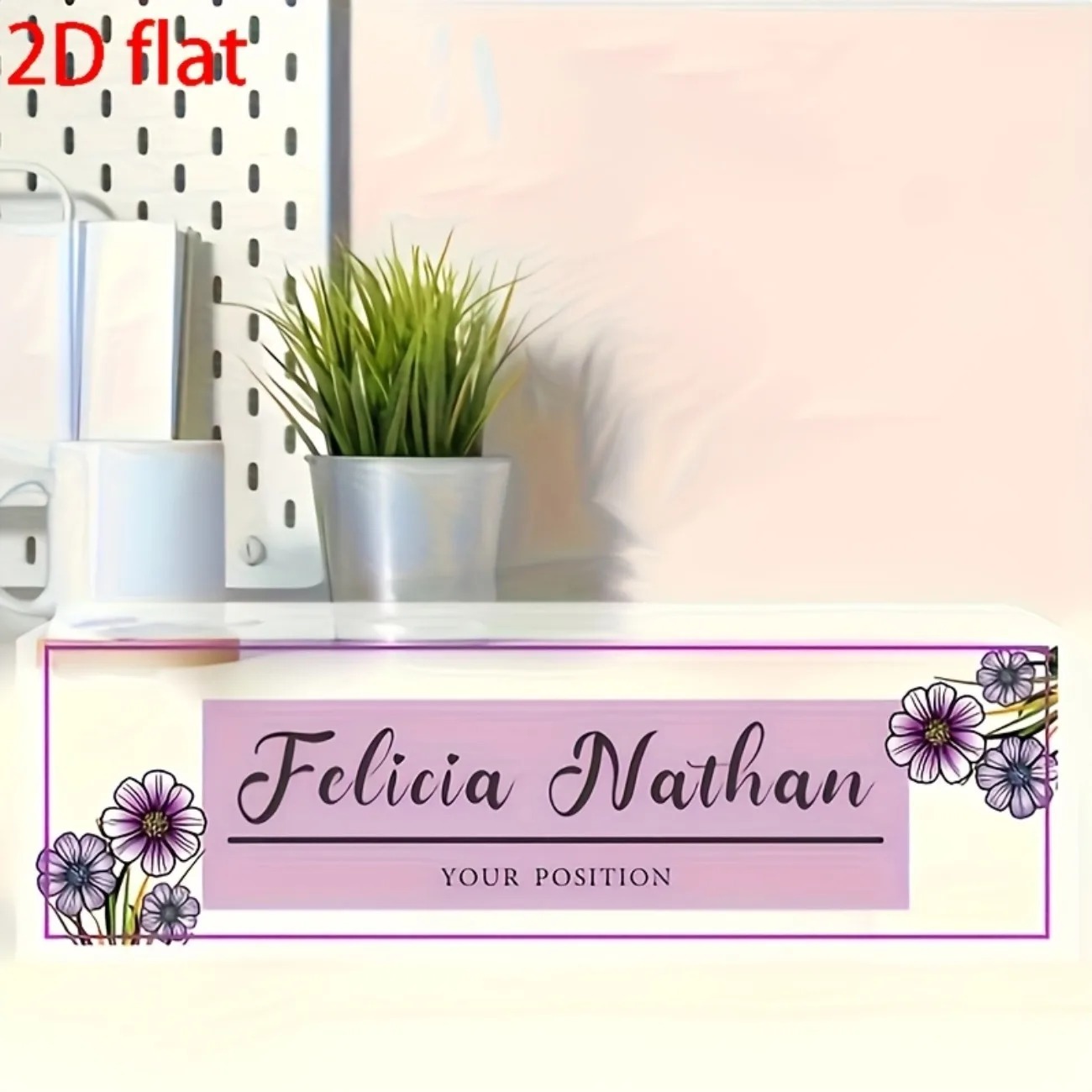 Desk Name Plate - ピンクパープルの花柄アクリル製デスクネームプレート、パーソナライズされたエレガントなカスタムデスクトップデコレーション、ホリデーギフト、装飾用のみ