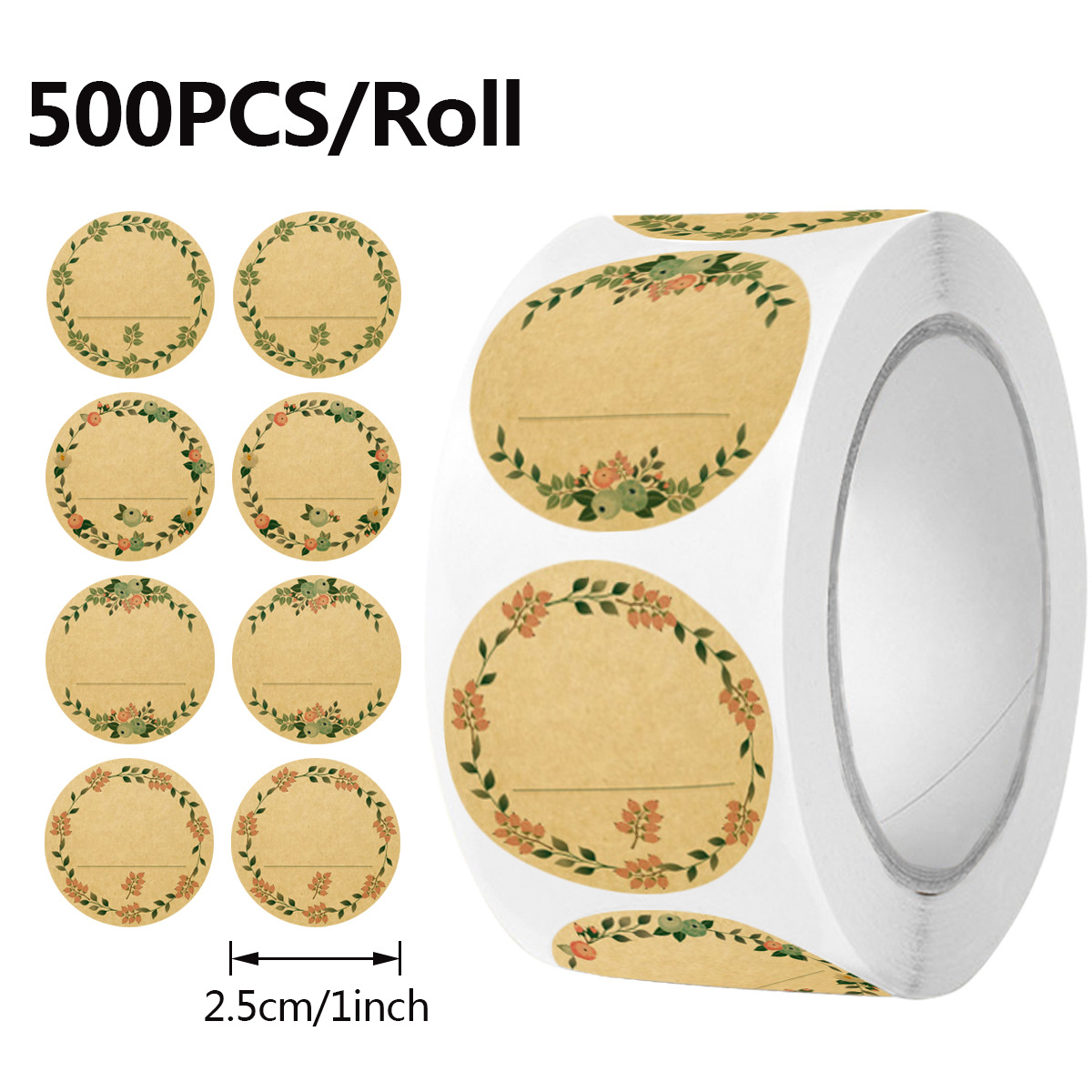 Sticker Label Roll - JCAC 500枚/ロール 無地の花柄クラフト紙ステッカー、ベーキングやギフトデコレーション用、粘着ラベル
